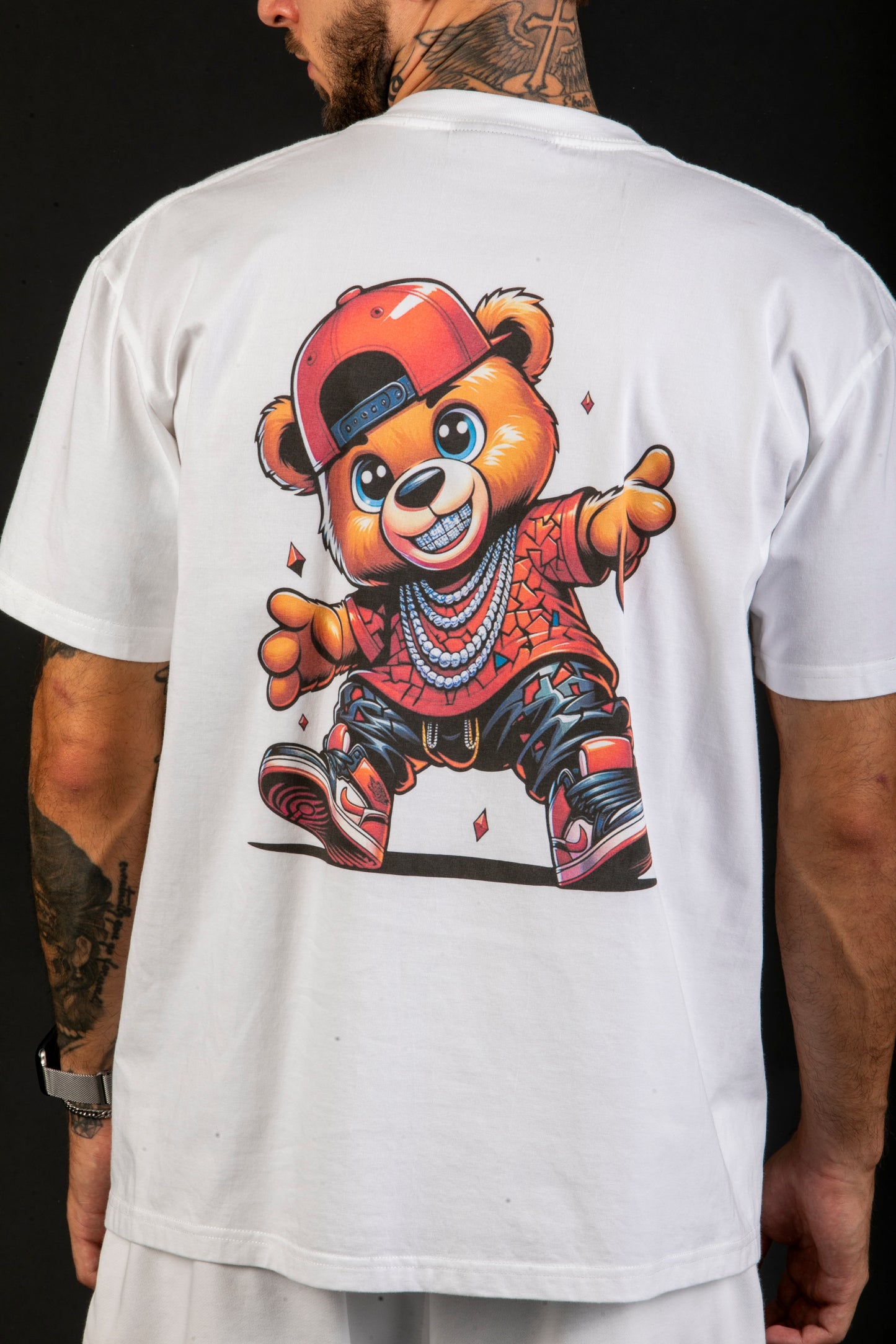 Hip Hop Bear Graphic White T-Shirt β Quest Clothing