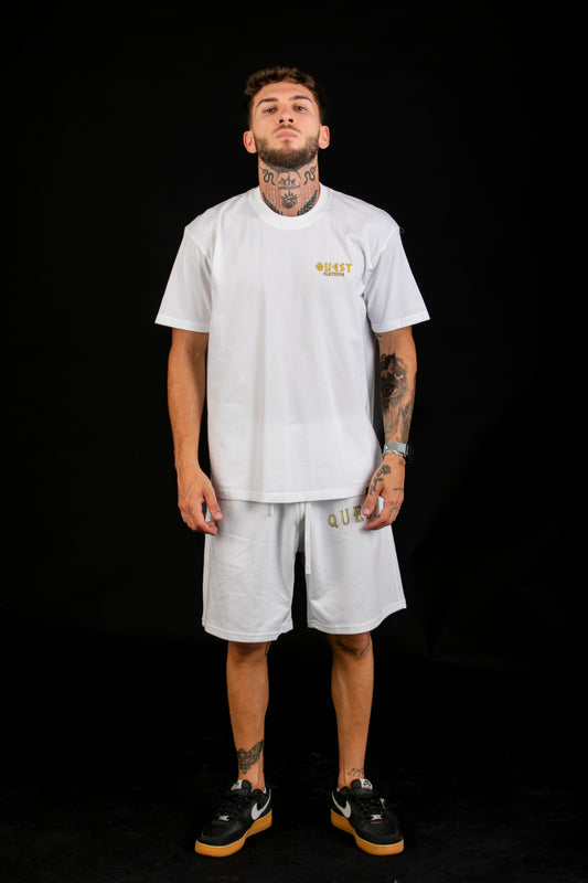 Gold Text White Shorts - Quest Clothing