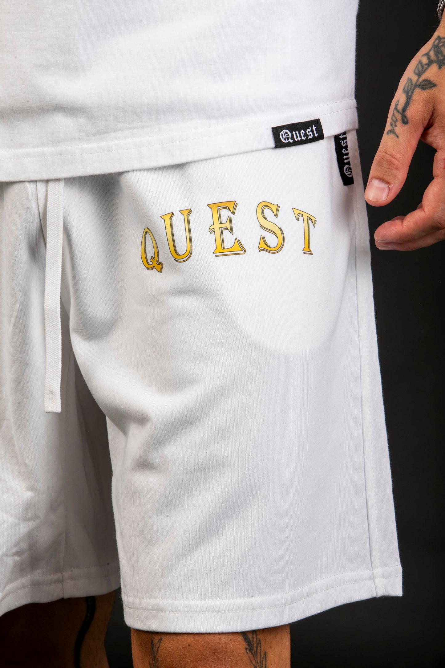 Gold Text White Shorts - Quest Clothing
