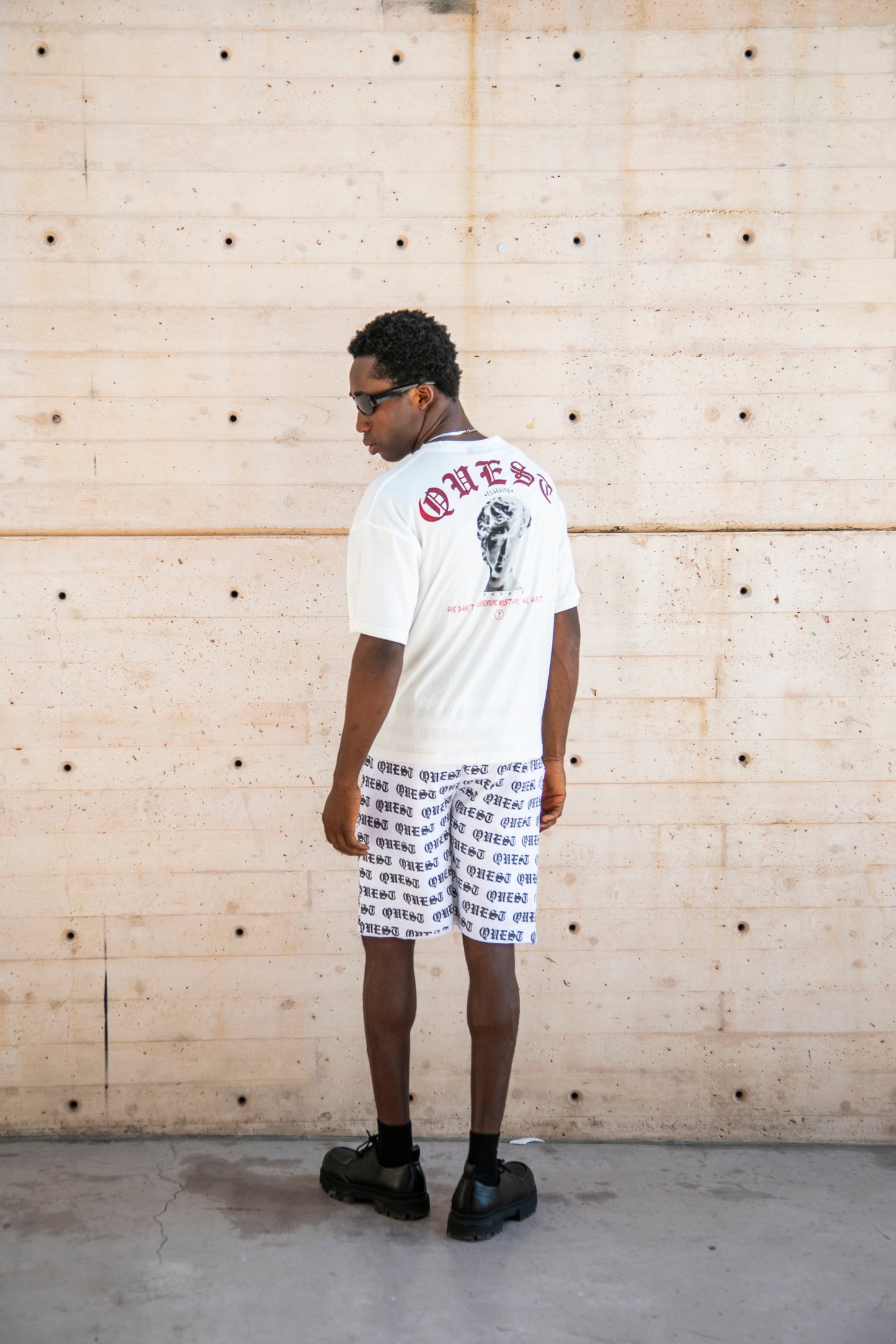 All Over Gothic Print Raw Hem Shorts - White