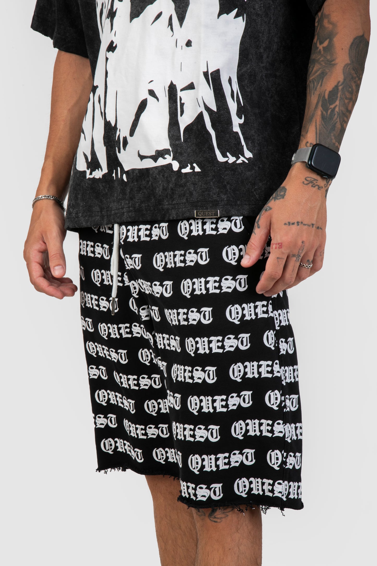 All Over Gothic Print Raw Hem Shorts - Black