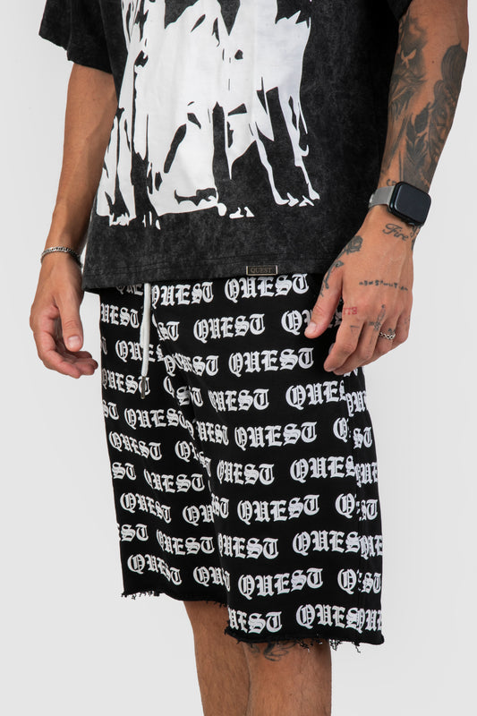 All Over Gothic Print Raw Hem Shorts - Black