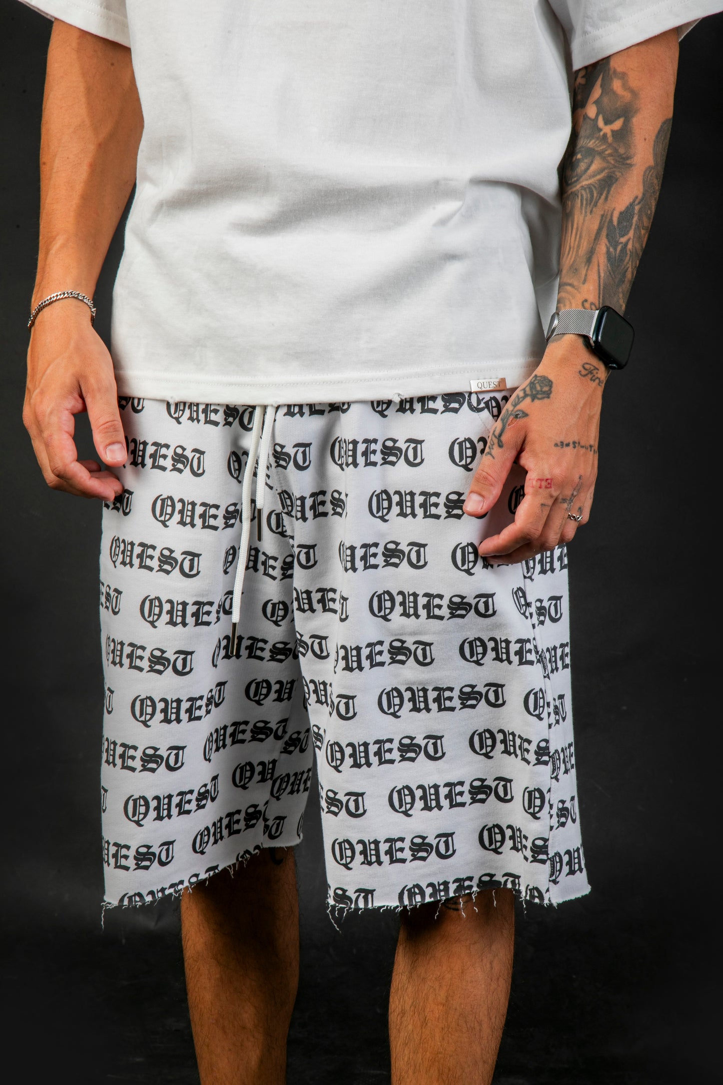 All Over Gothic Print Raw Hem Shorts - White