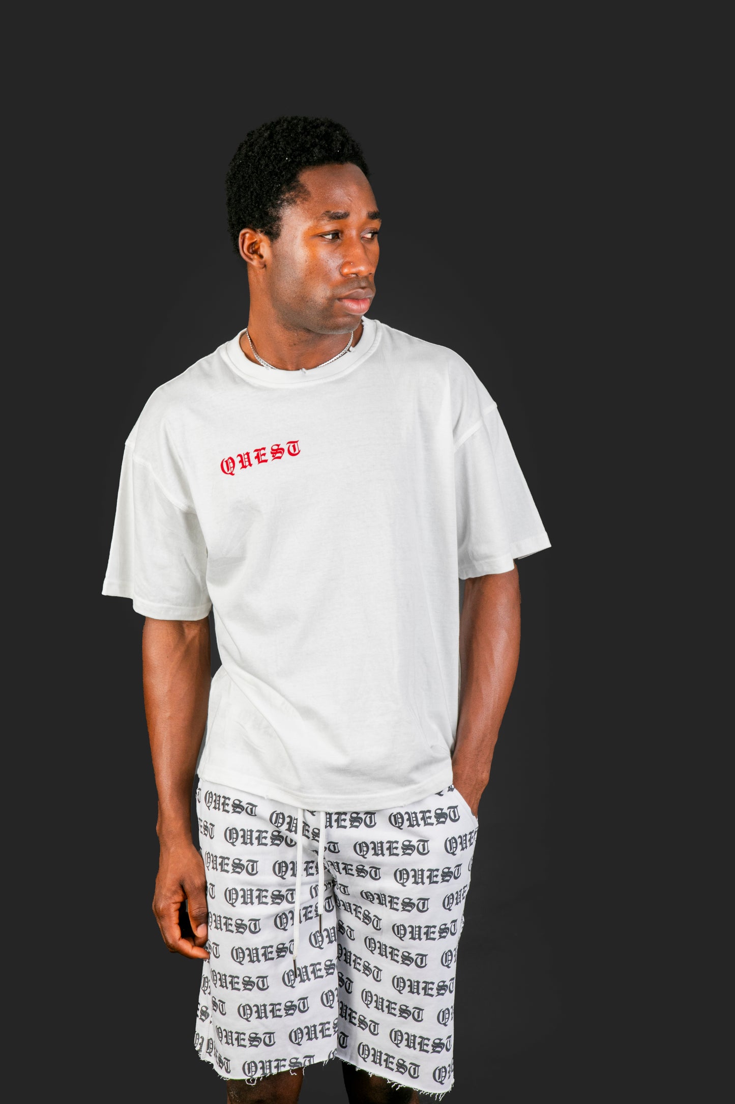 All Over Gothic Print Raw Hem Shorts - White