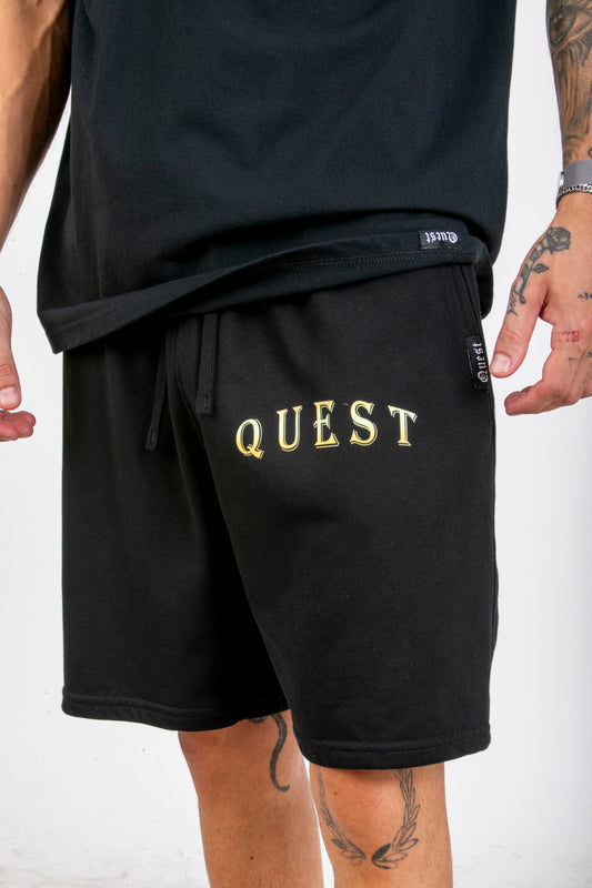 Gold Text Black Shorts - Quest Clothing