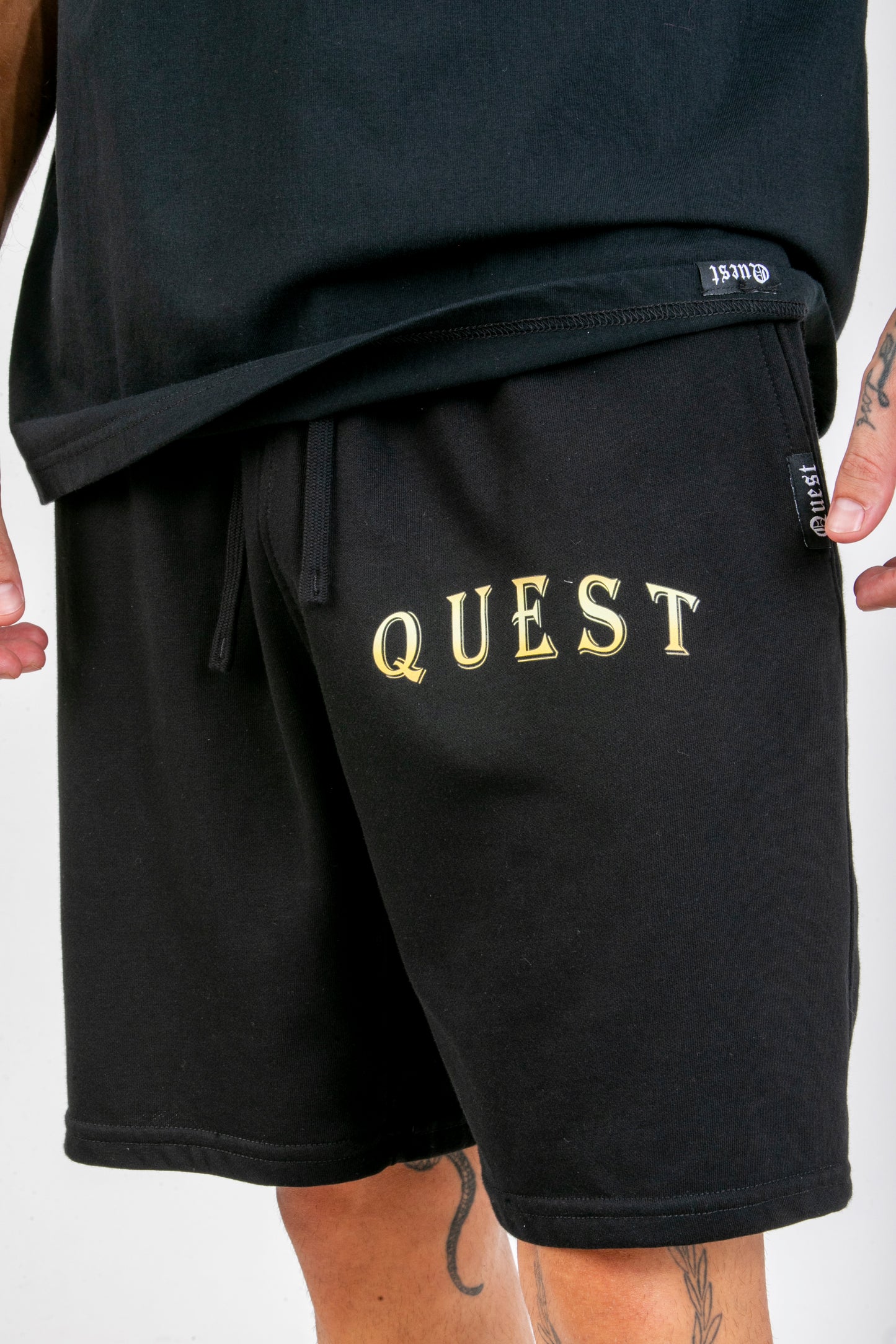 Gold Text Black Shorts - Quest Clothing