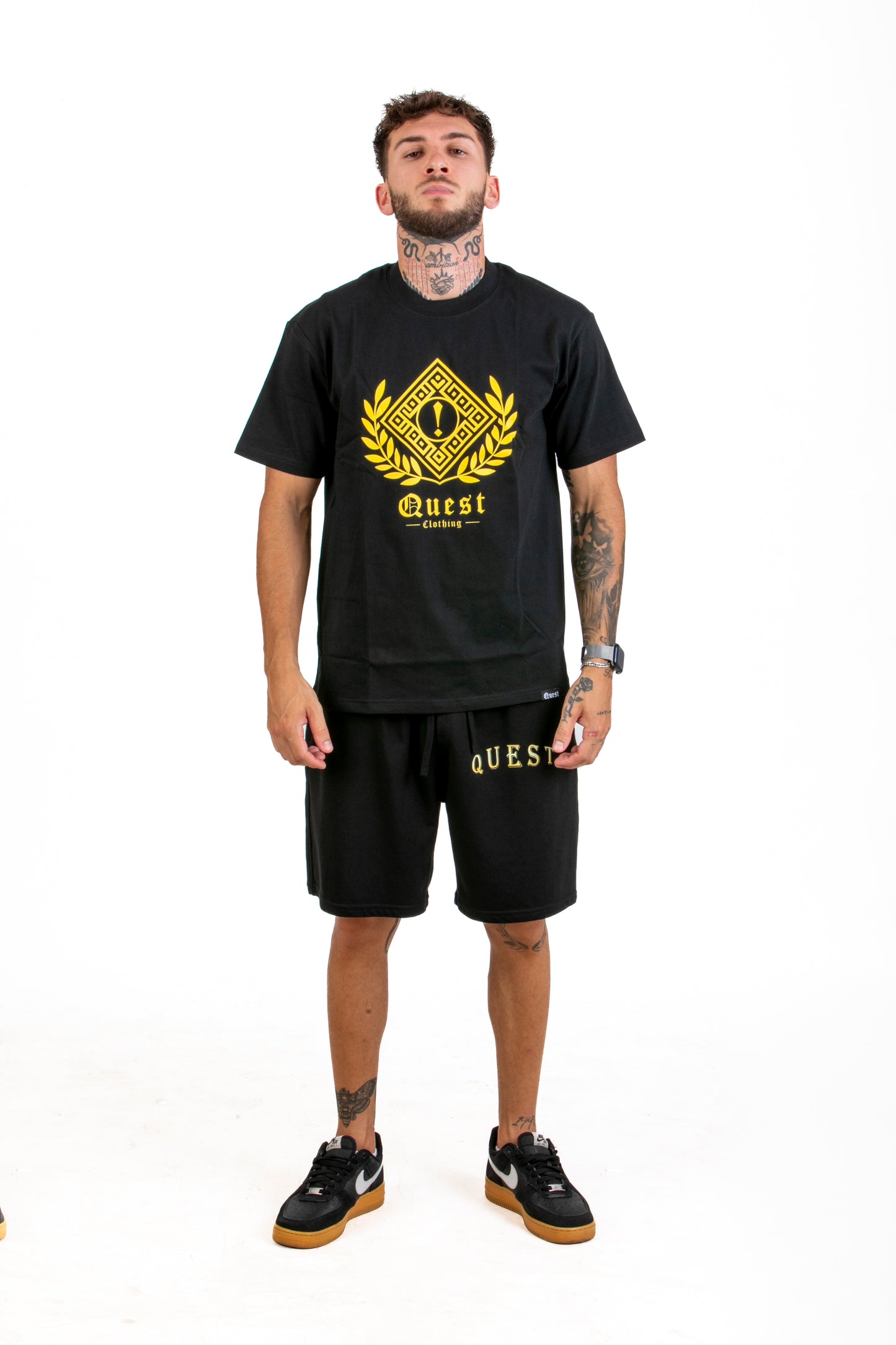 Gold Text Black Shorts - Quest Clothing