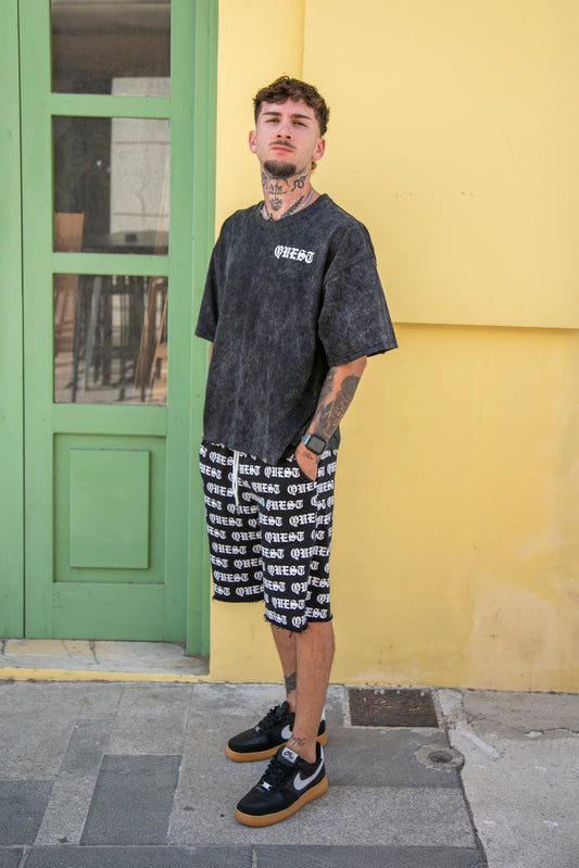 All Over Gothic Print Raw Hem Shorts - Black