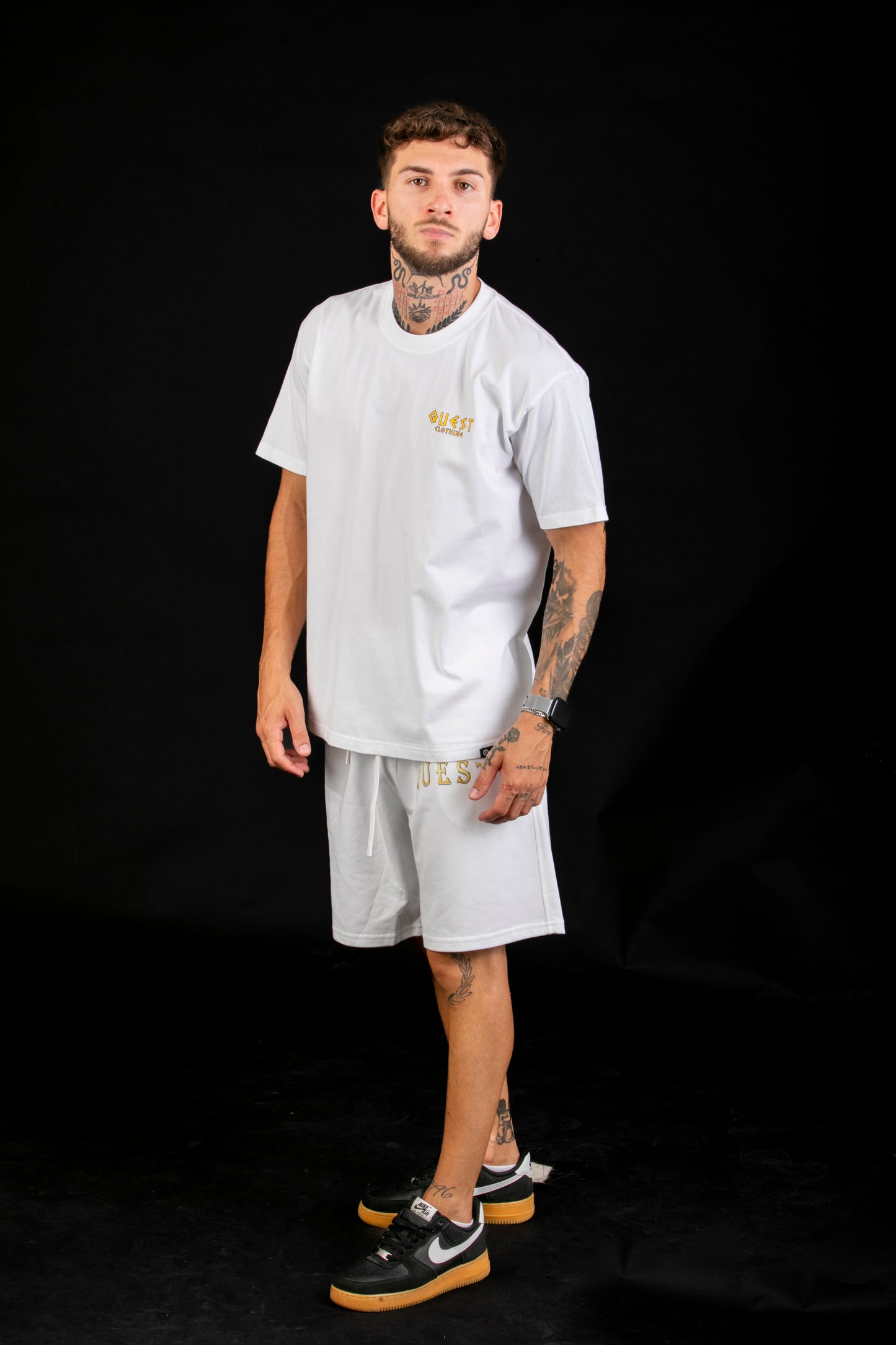 Gold Text White Shorts - Quest Clothing