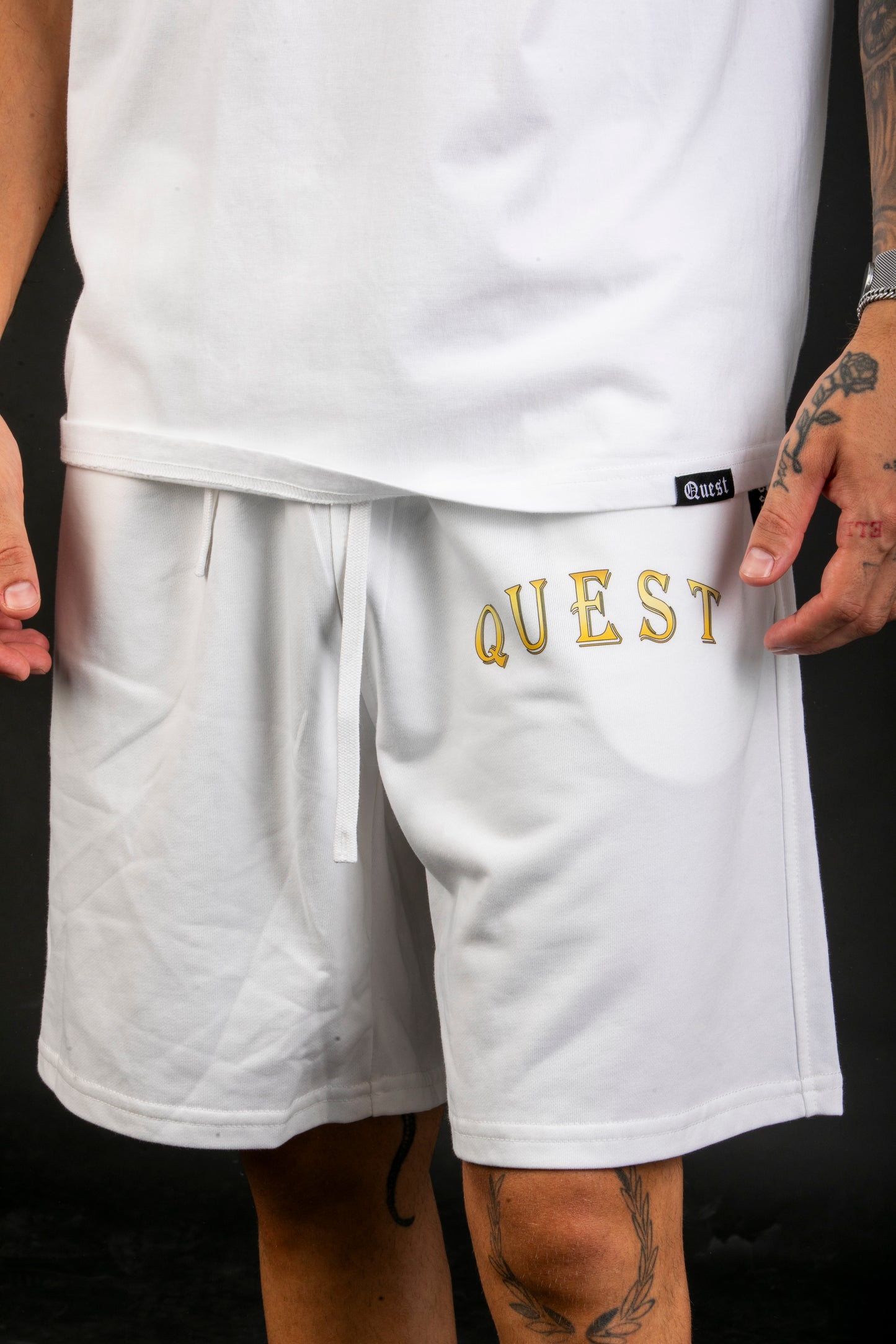Gold Text White Shorts - Quest Clothing