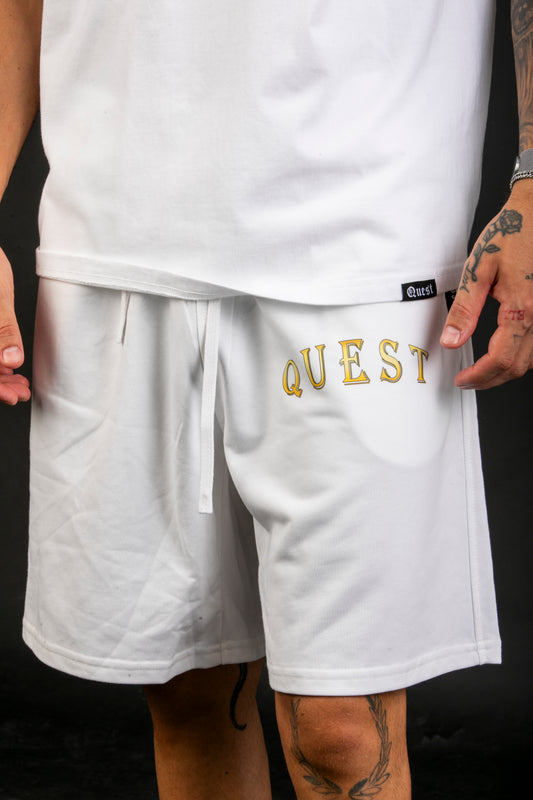 Gold Text White Shorts - Quest Clothing
