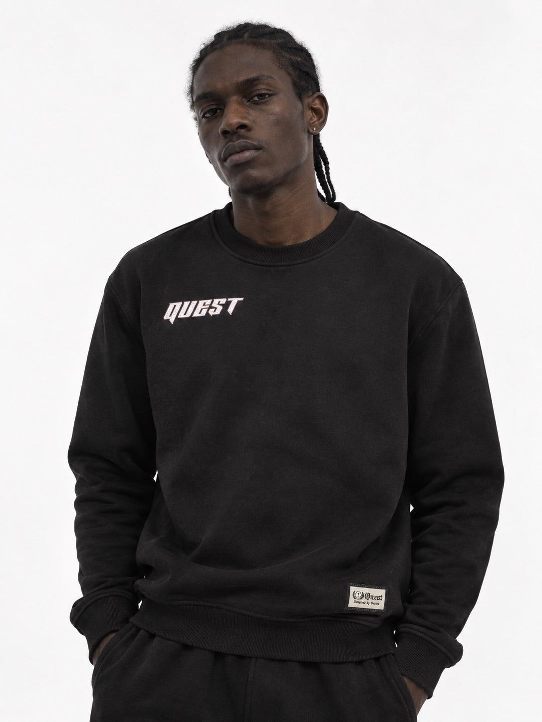 Front: Quest Clothing black oversized sweatshirt with red chest logo