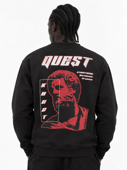 Red Roman bust back print with Cyrillic KVEST lettering on black sweatshirt