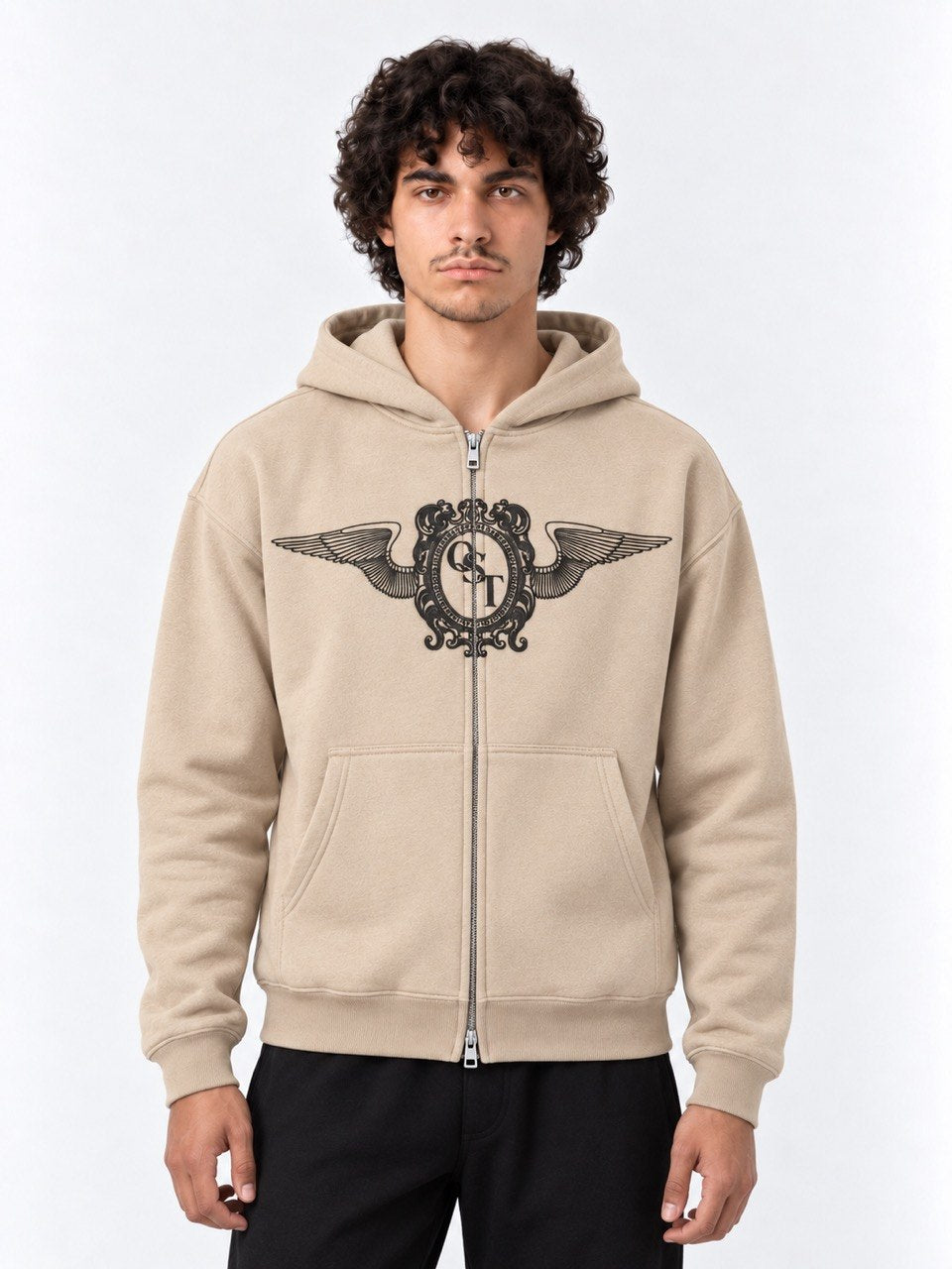 Beige zip-up hoodie with black winged crest chest print and double metal zipper
