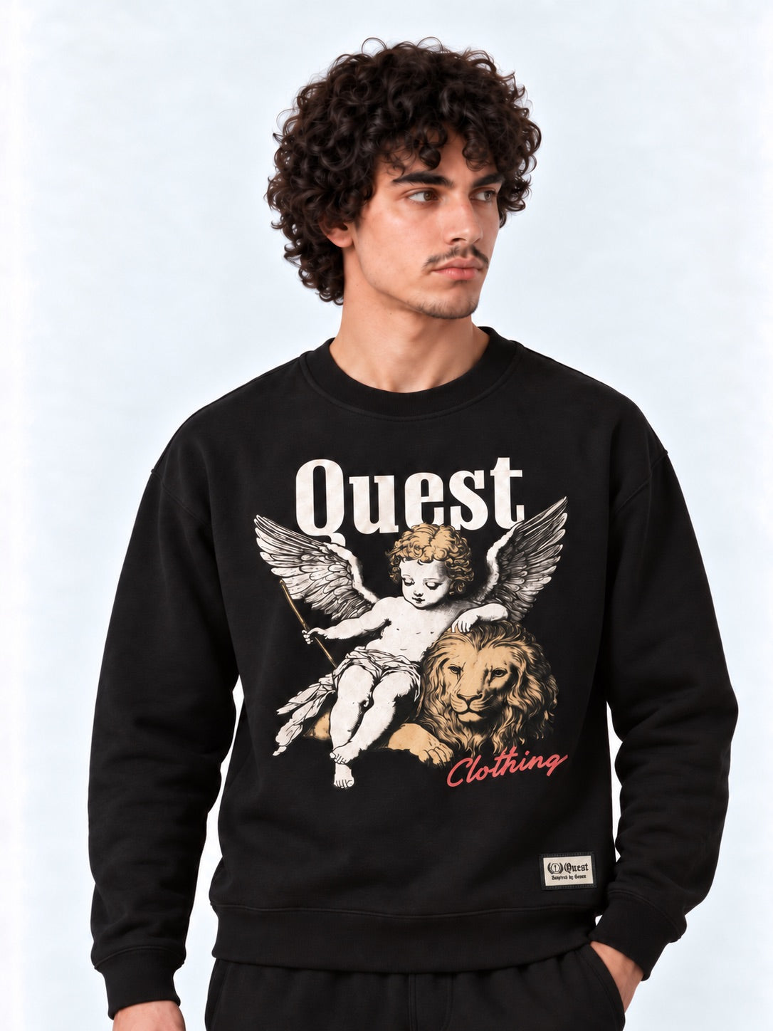 Black oversized sweatshirt with cream cherub and lion chest print