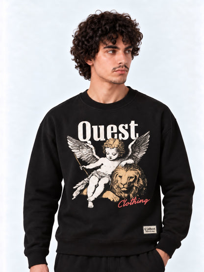 Black oversized sweatshirt with cream cherub and lion chest print