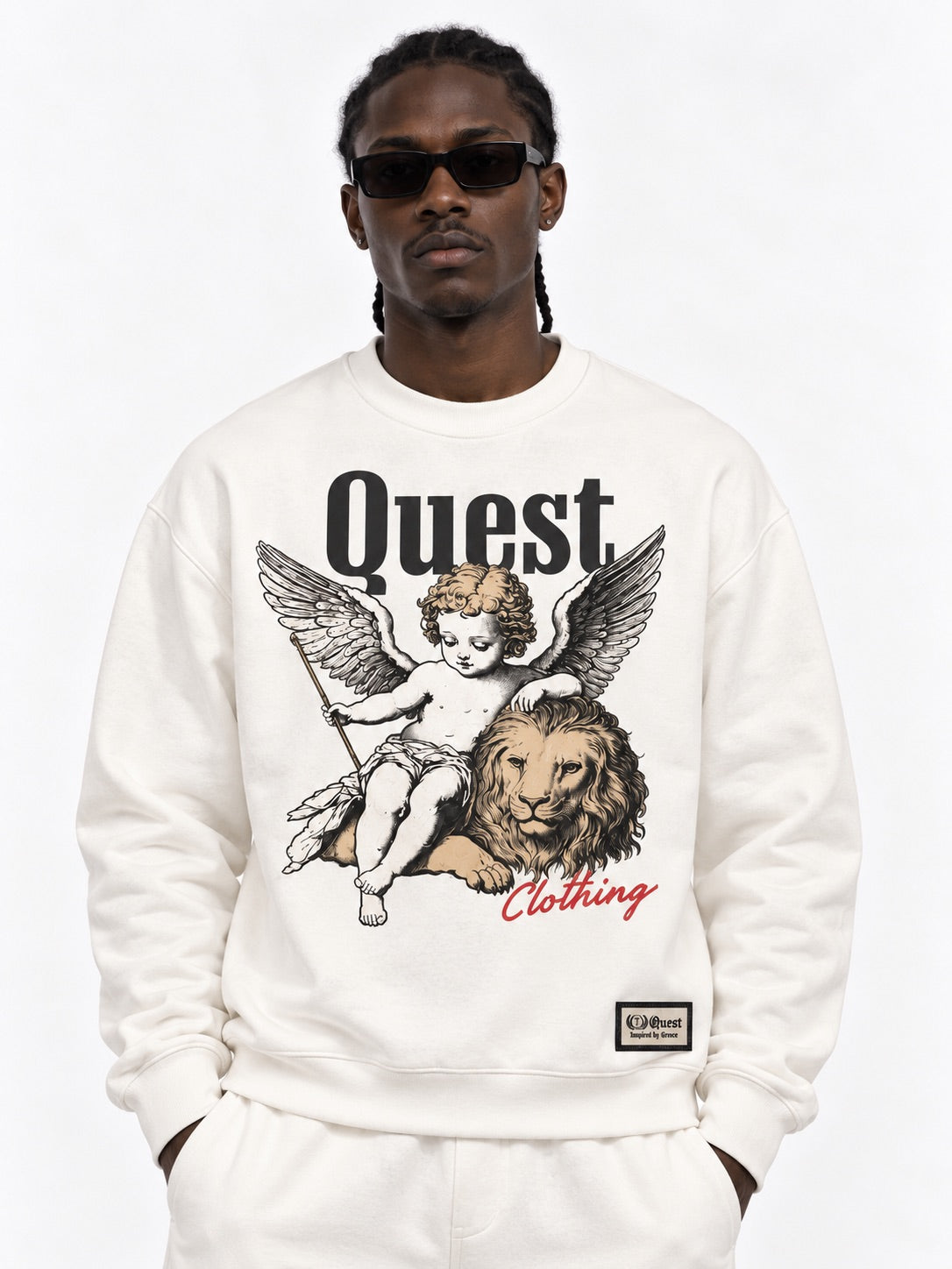 Off white oversized sweatshirt with engraved cherub and lion chest print