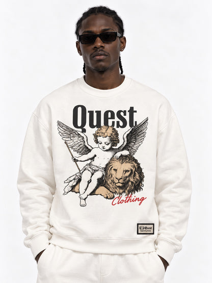 Off white oversized sweatshirt with engraved cherub and lion chest print