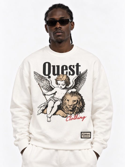 Off white oversized sweatshirt with engraved cherub and lion chest print