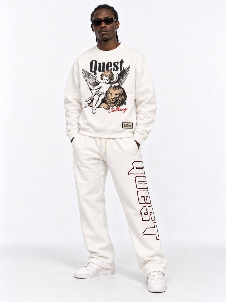 Off white oversized sweatshirt with engraved cherub and lion chest print