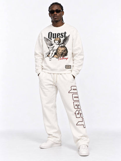 Off white oversized sweatshirt with engraved cherub and lion chest print