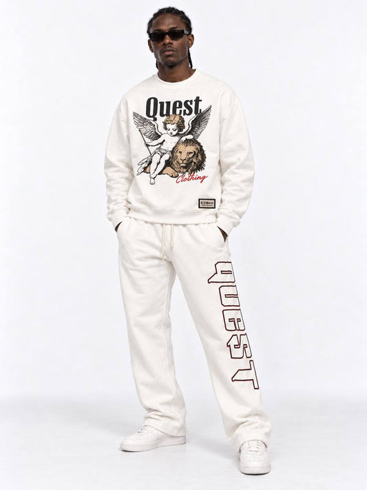 Off white oversized sweatshirt with engraved cherub and lion chest print