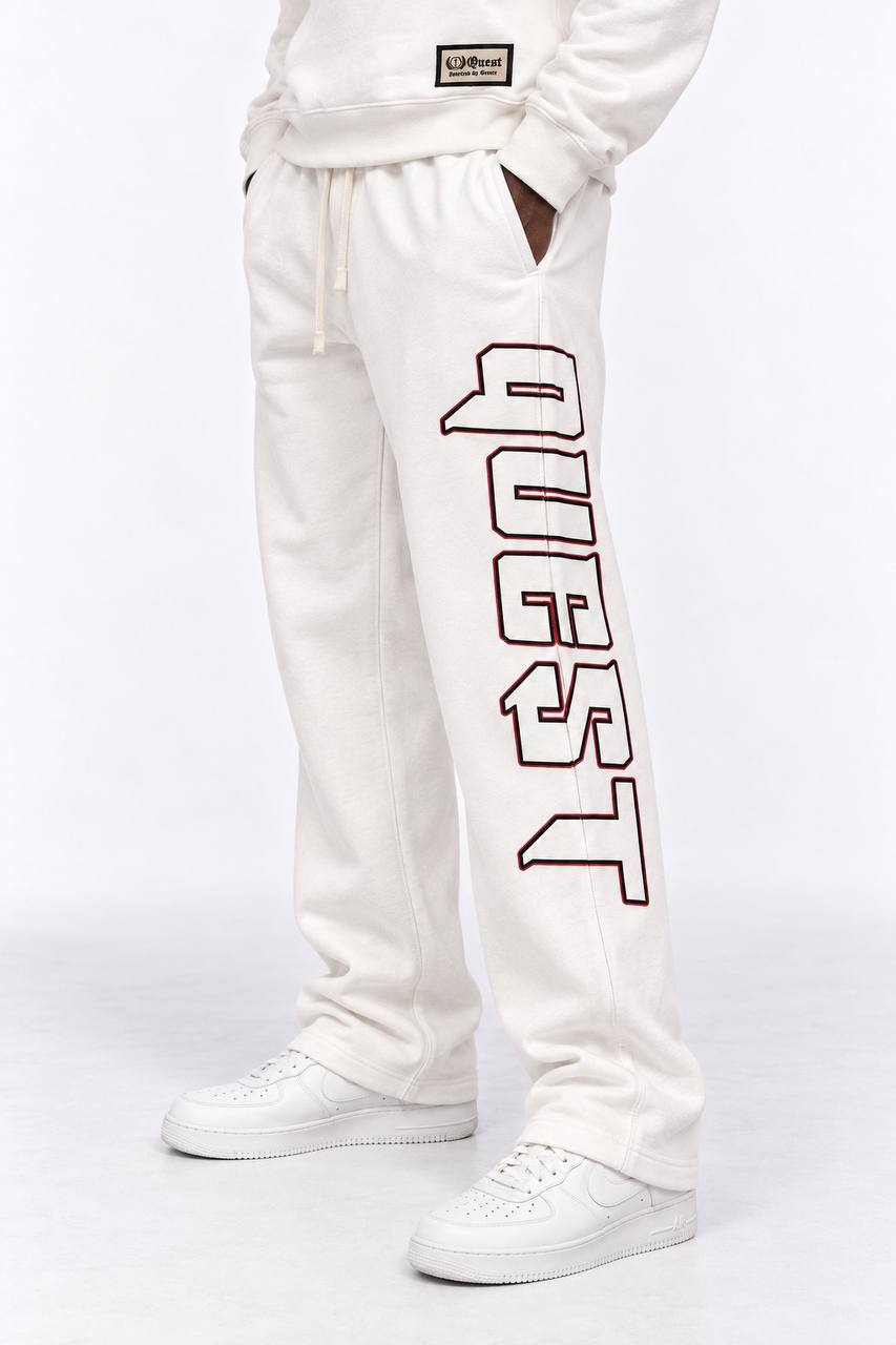 Off white relaxed sweatpants with outlined QUEST leg print