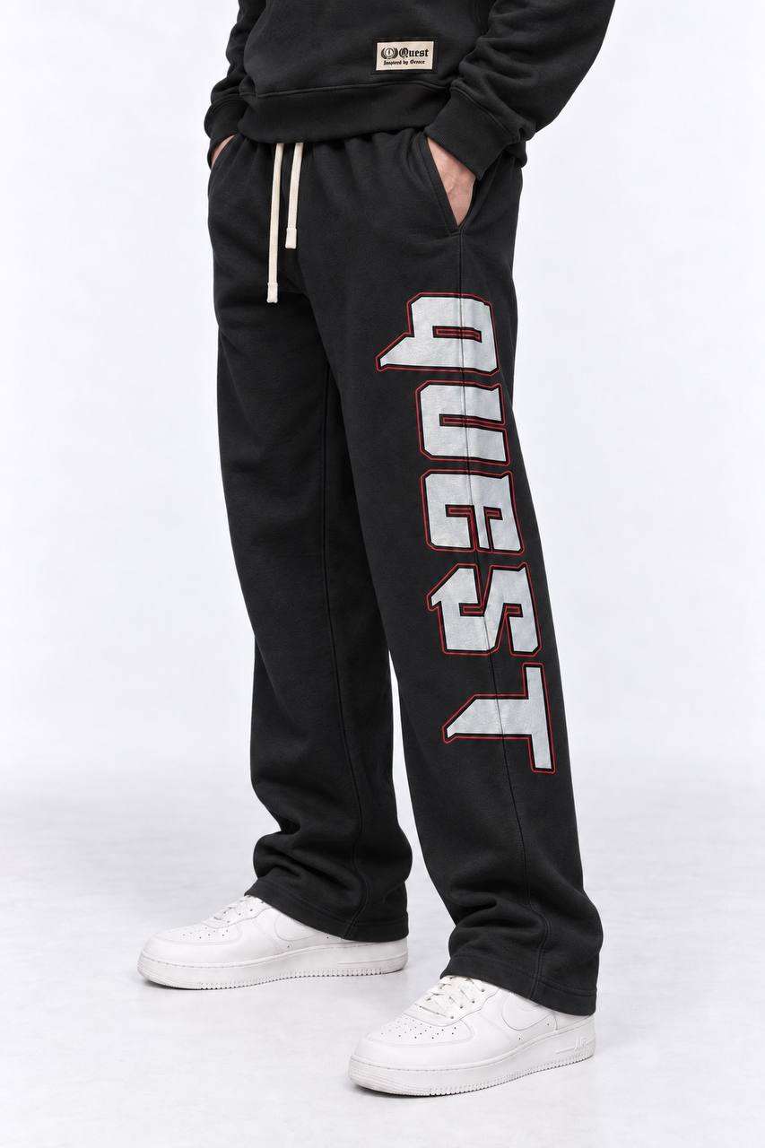 Black relaxed sweatpants with grey and red QUEST leg print