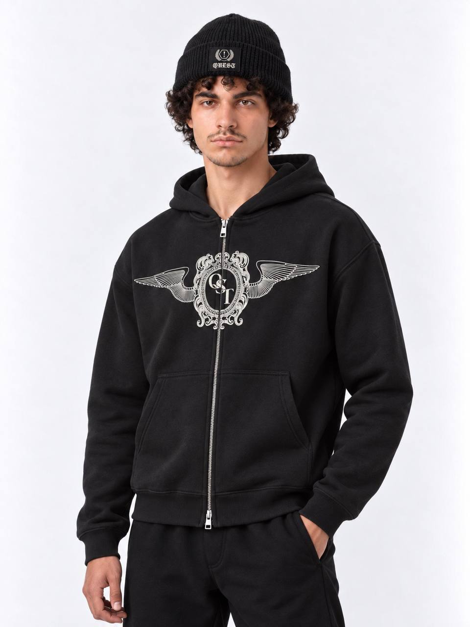Black zip-up hoodie with cream winged crest chest print and double metal zipper