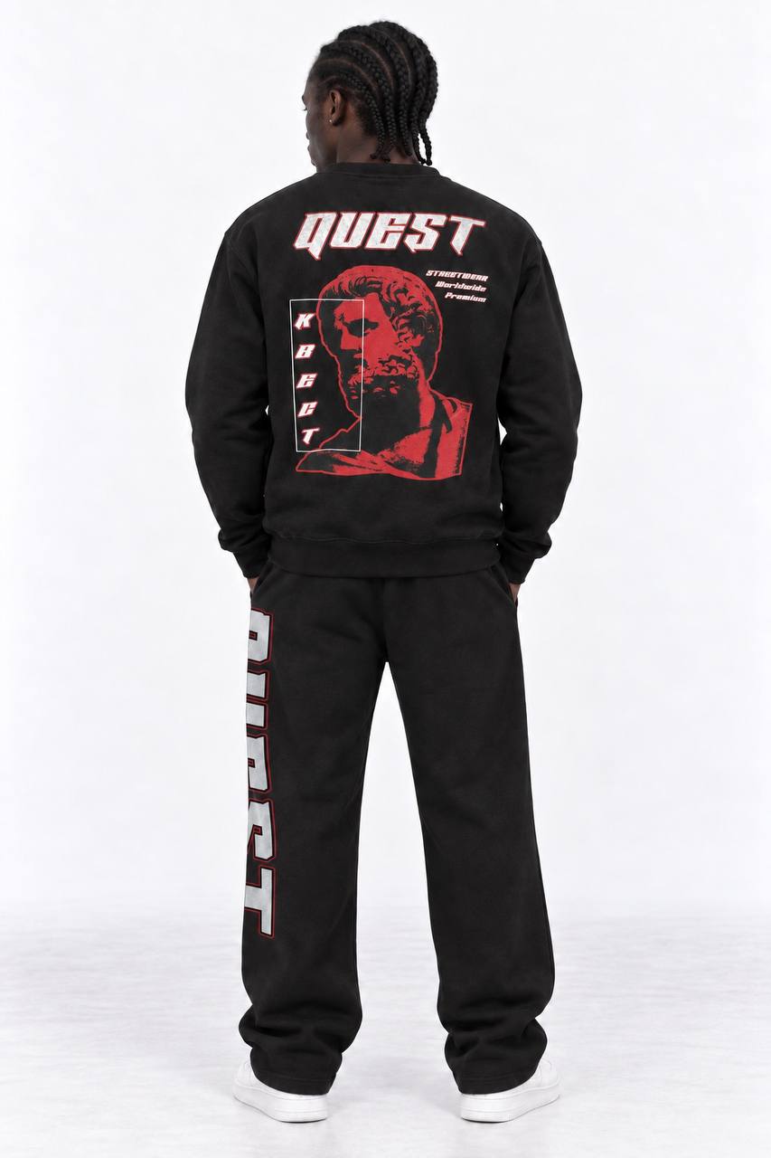 Red Roman bust back print with Cyrillic KVEST lettering on black sweatshirt