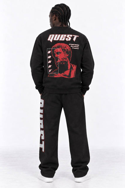 Red Roman bust back print with Cyrillic KVEST lettering on black sweatshirt