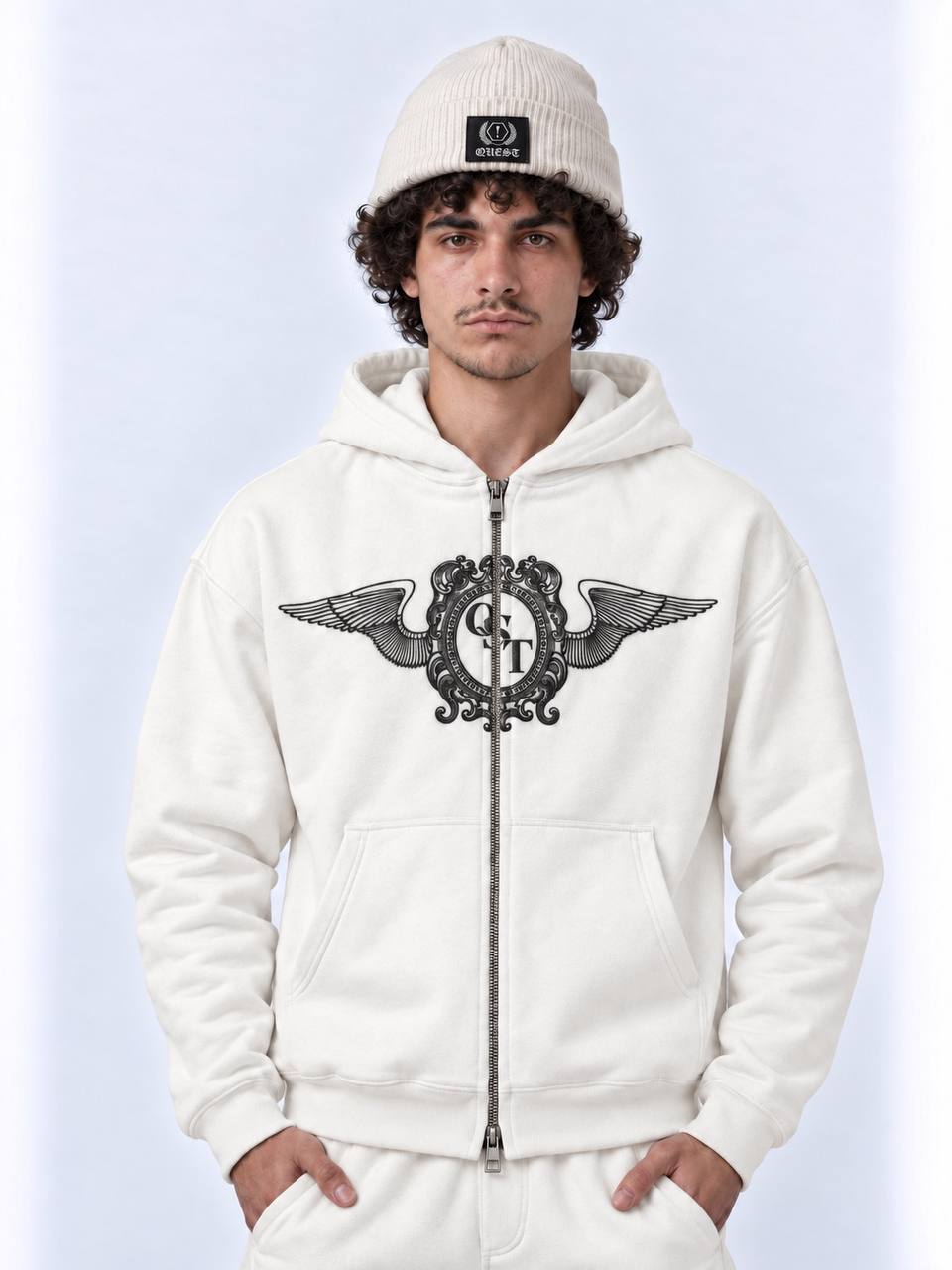 Off white zip-up hoodie with black winged crest chest print and double metal zipper