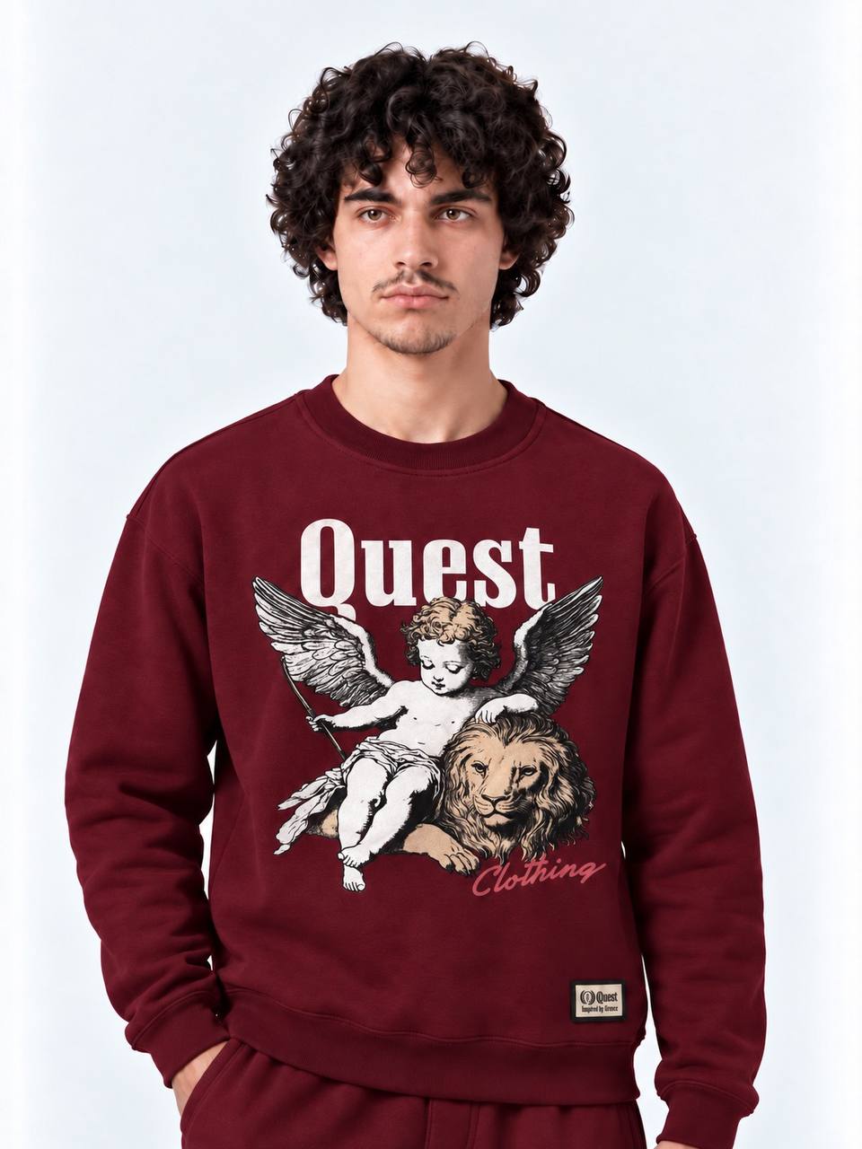 Burgundy oversized sweatshirt with cream cherub and lion chest print