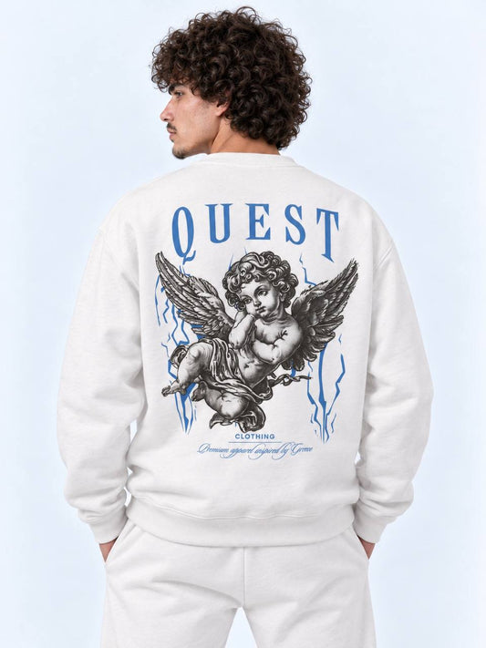 Off white oversized sweatshirt with large engraved cherub back print and blue lightning
