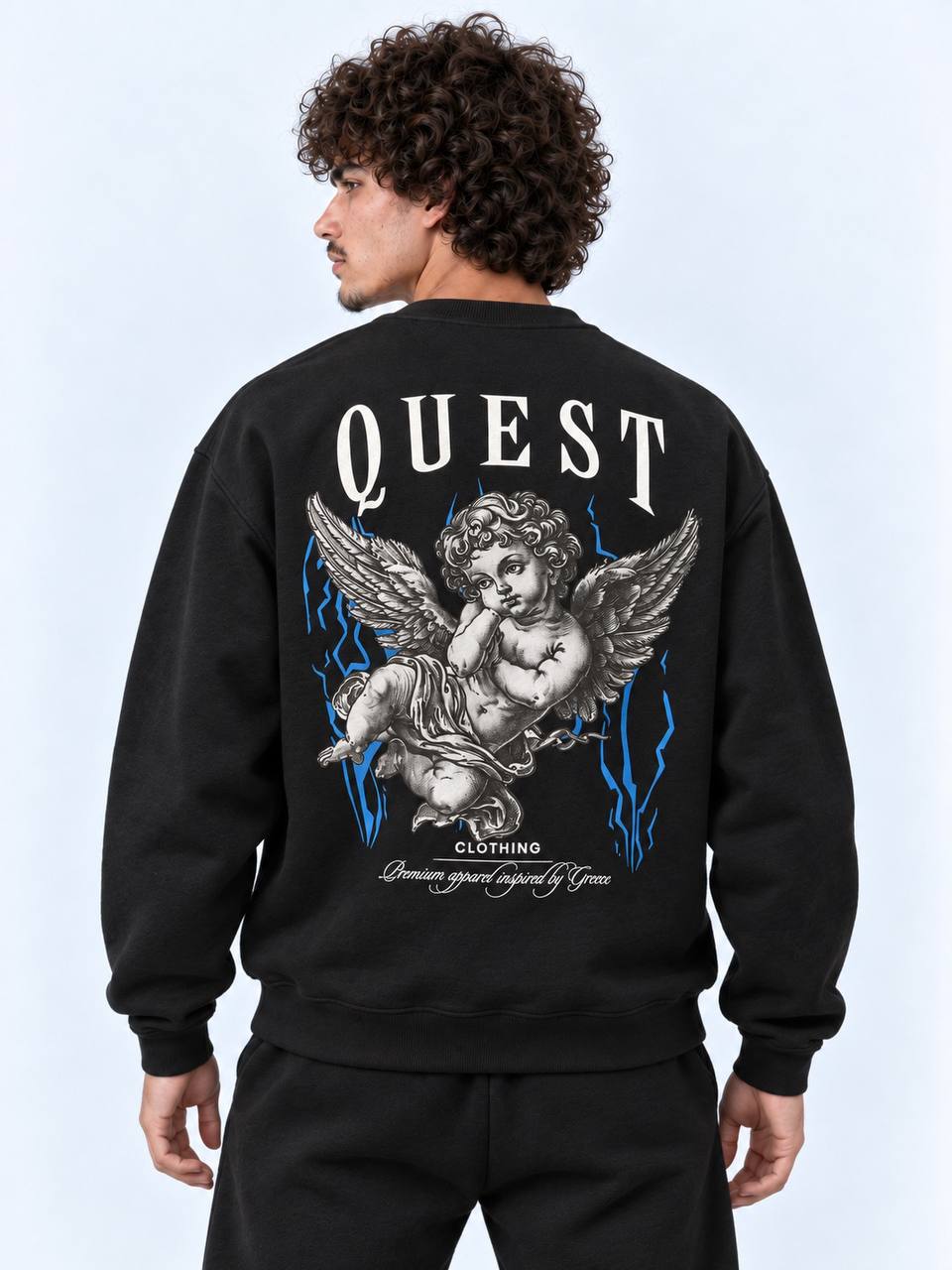 Black oversized sweatshirt with large engraved cherub back print and blue lightning