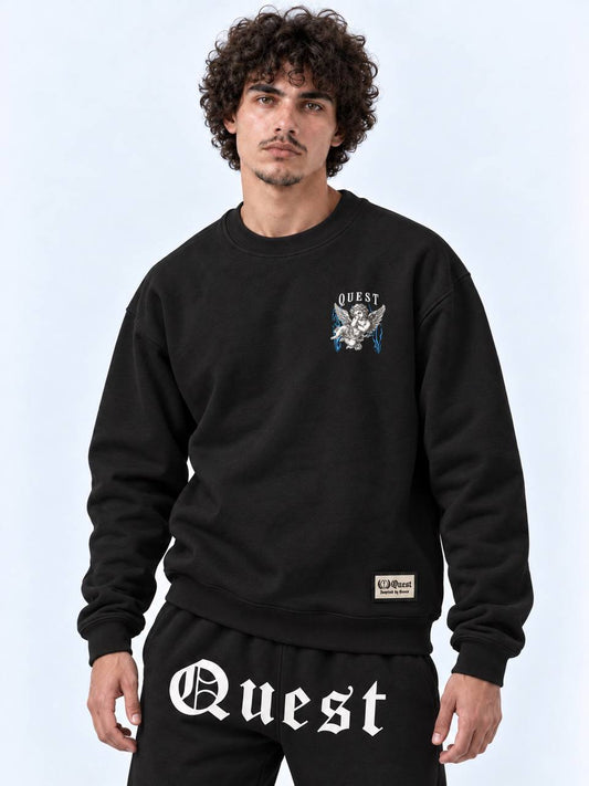 Black oversized sweatshirt with small engraved cherub chest print
