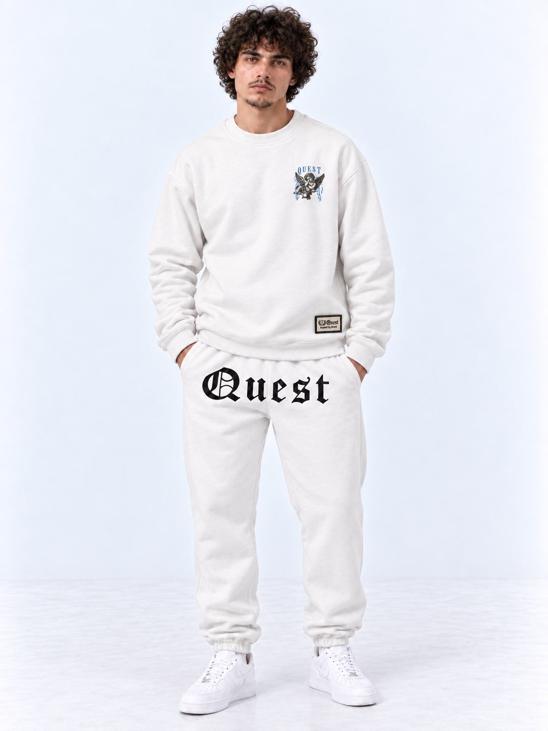 Off white oversized sweatshirt with small engraved cherub chest print