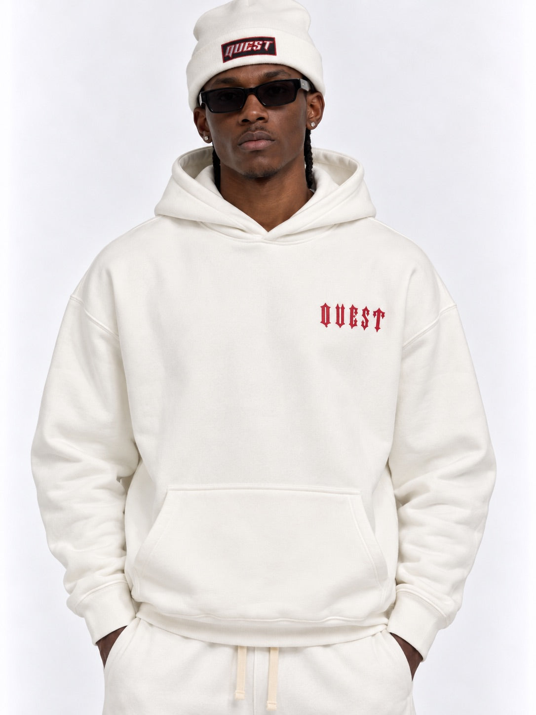 Off white oversized hoodie with Michelangelo David back print and red gothic QUEST lettering