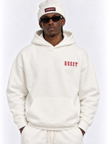 Off white oversized hoodie with Michelangelo David back print and red gothic QUEST lettering