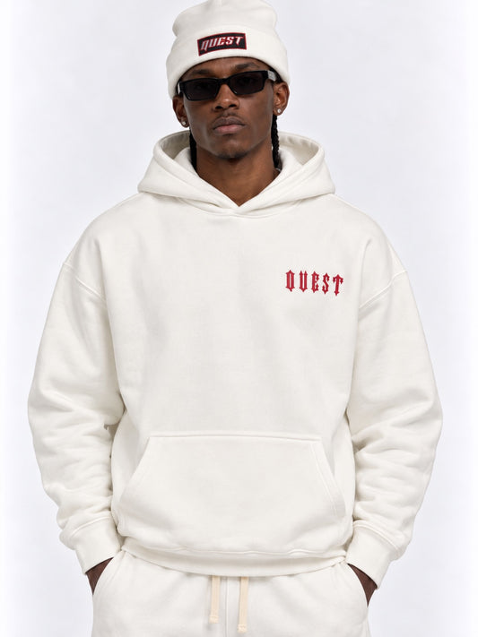 Off white oversized hoodie with Michelangelo David back print and red gothic QUEST lettering