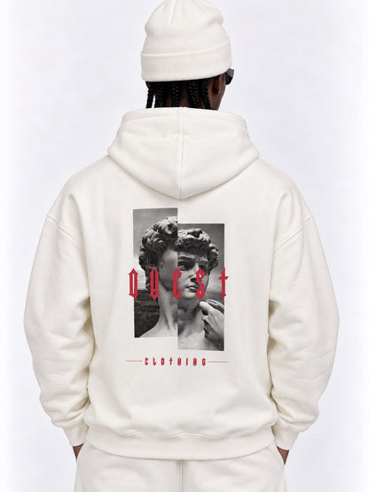 Off white oversized hoodie with Michelangelo David back print and red gothic QUEST lettering