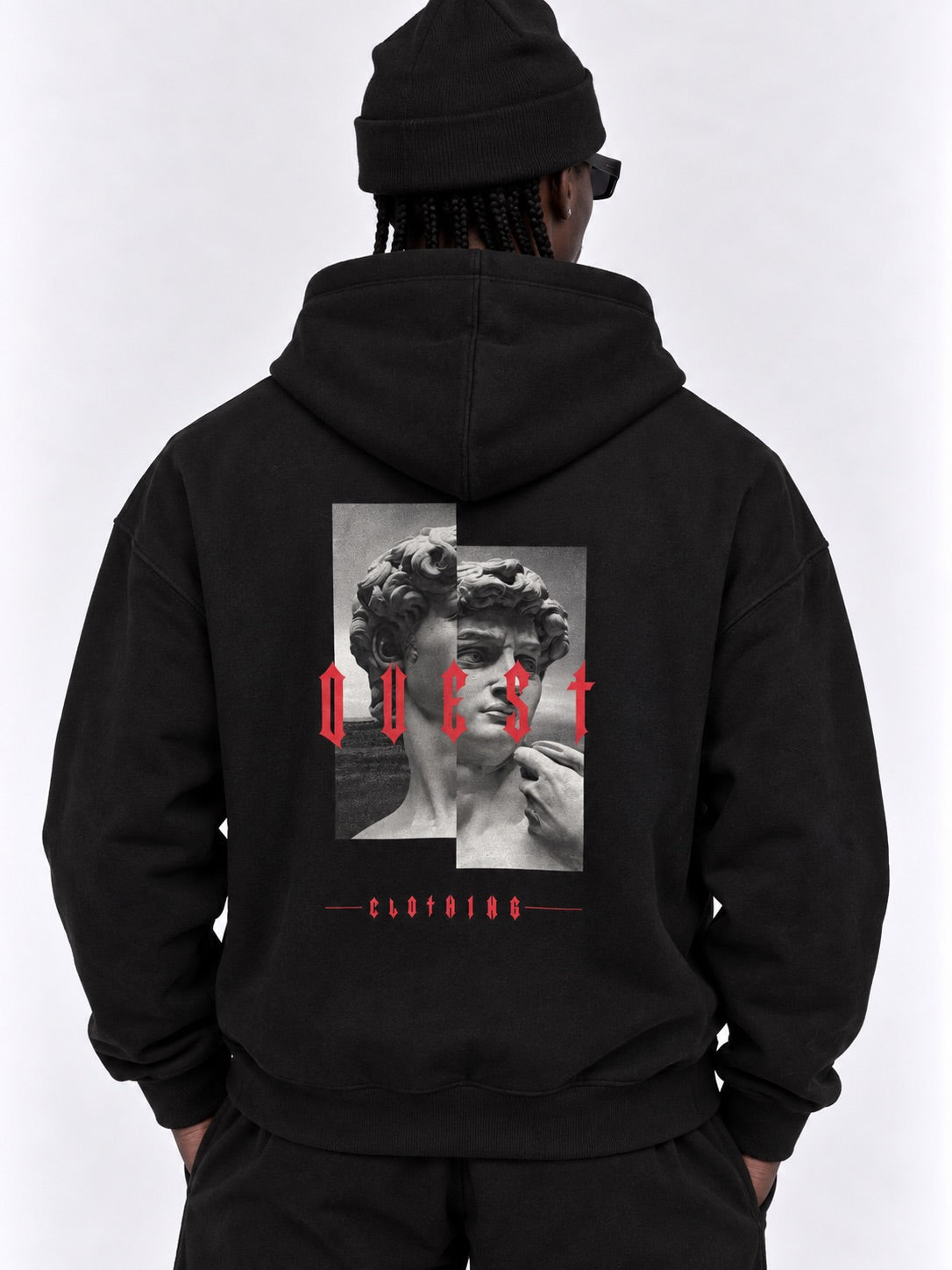 Black oversized hoodie with Michelangelo David back print and red gothic QUEST lettering