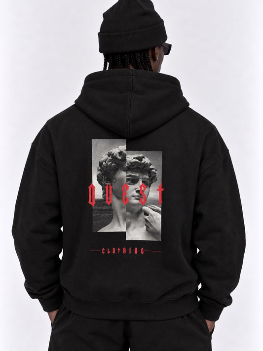 Black oversized hoodie with Michelangelo David back print and red gothic QUEST lettering
