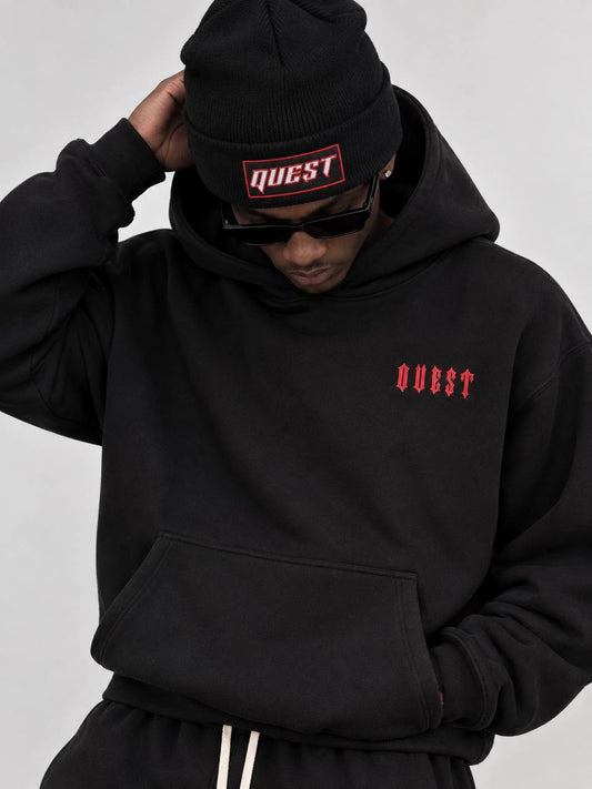 Black oversized hoodie with Michelangelo David back print and red gothic QUEST lettering