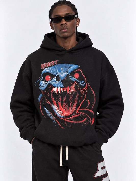 Black oversized hoodie with blue and red serpent skull full-body print